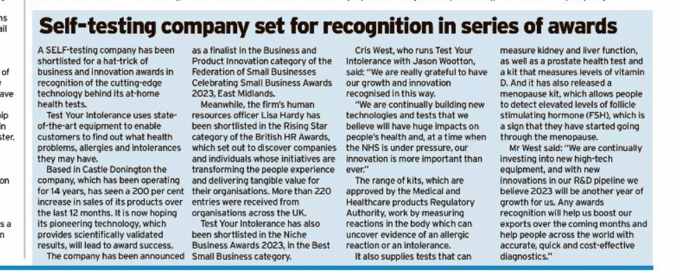 Self-testing company set for recognition in series of awards